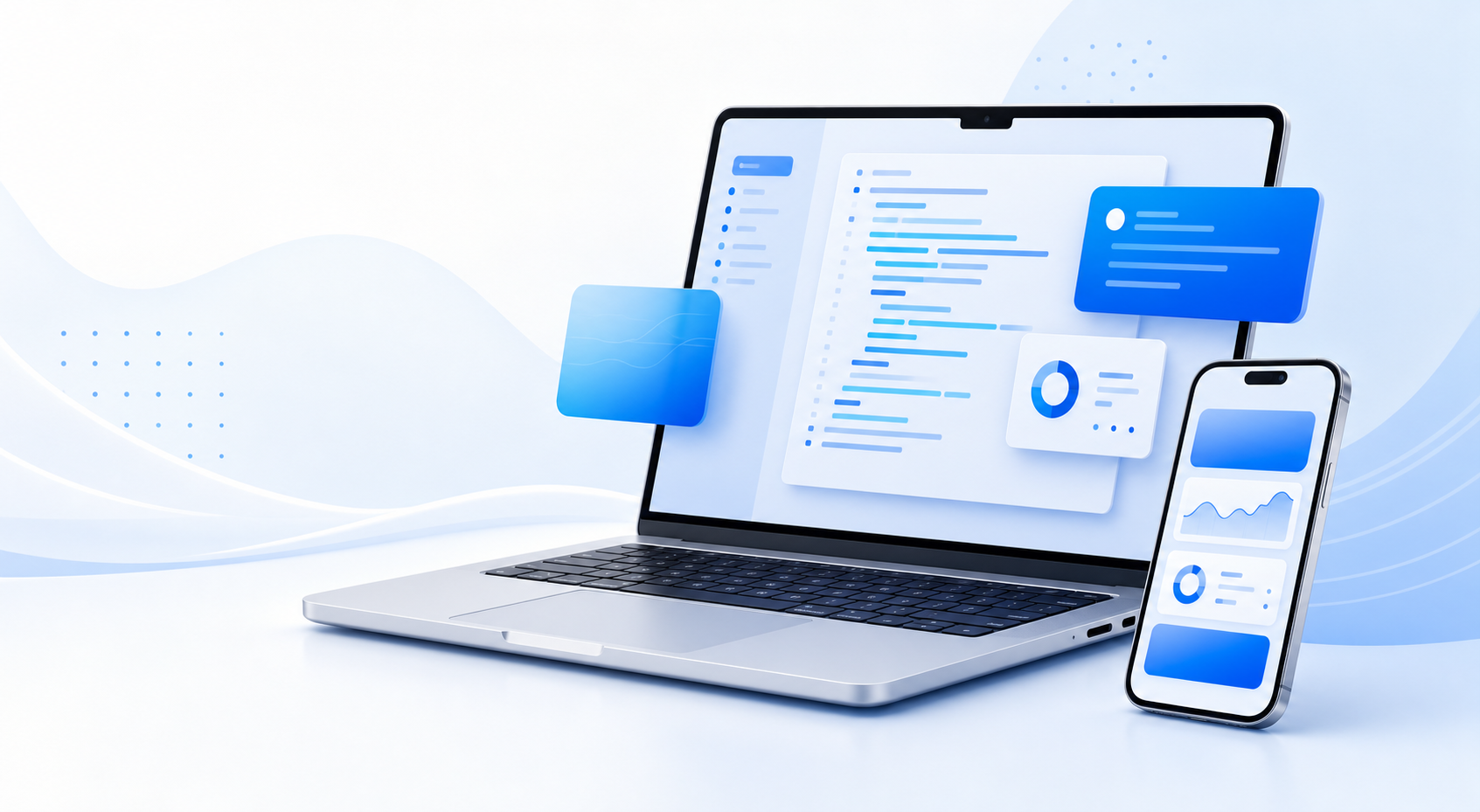 Composición tecnológica con laptop, código y teléfono móvil